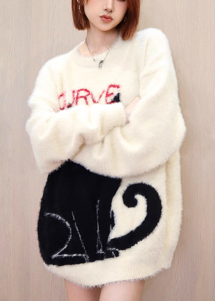 Apricot Cat Mink Hair Knitted Pullover O Neck Plus Size Spring