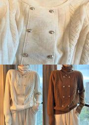 Apricot Double Breast False Two Knit Sweaters Hign Neck Winter