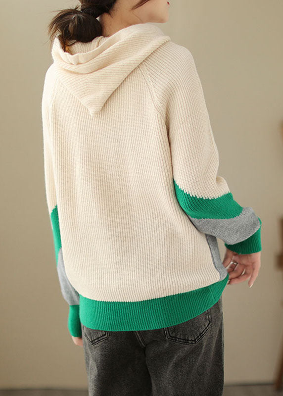 Apricot Drawstring Hooded Knit Sweaters Long Sleeve