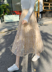 Apricot Elastic Waist Sequins Tulle A Line Skirts Spring