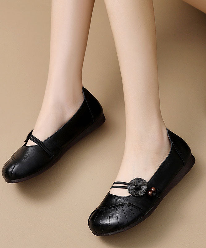 Apricot Flats Cowhide Leather Beautiful Buckle Strap Flat Shoes