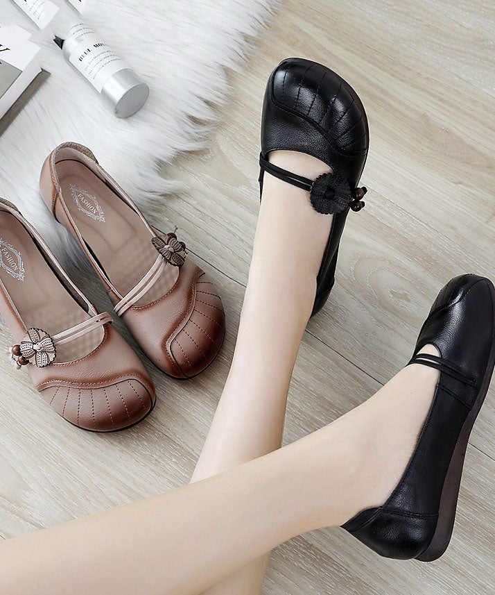 Apricot Flats Cowhide Leather Beautiful Buckle Strap Flat Shoes