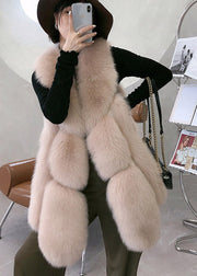 Apricot Fox Collar Patchwork Leather And Fur Waistcoat Winter