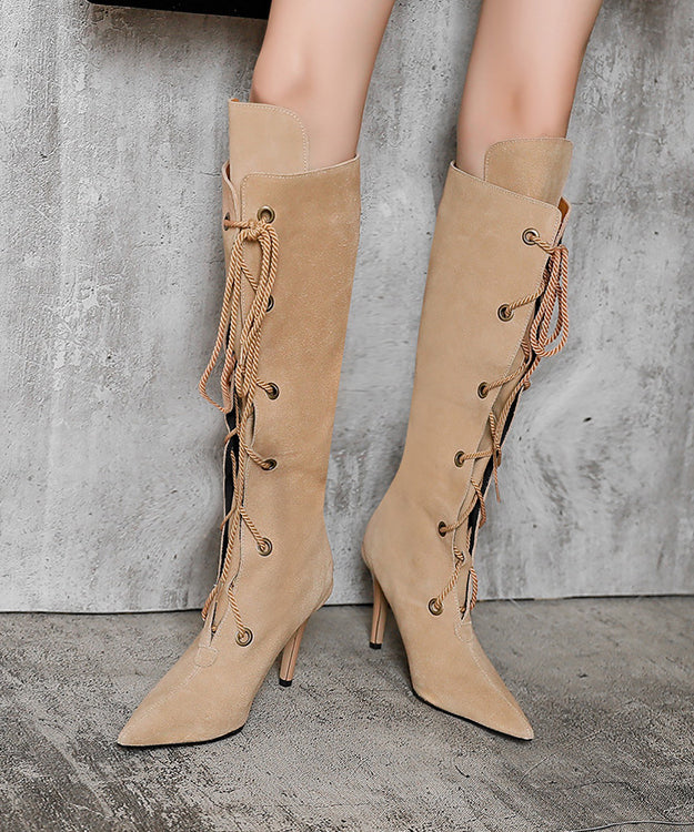 Apricot High Heel Suede Fashion Cross Strap Splicing Boots