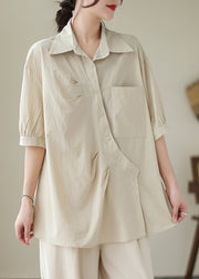 Apricot Loose Cotton Blouse Tops Asymmetrical Wrinkled Half Sleeve