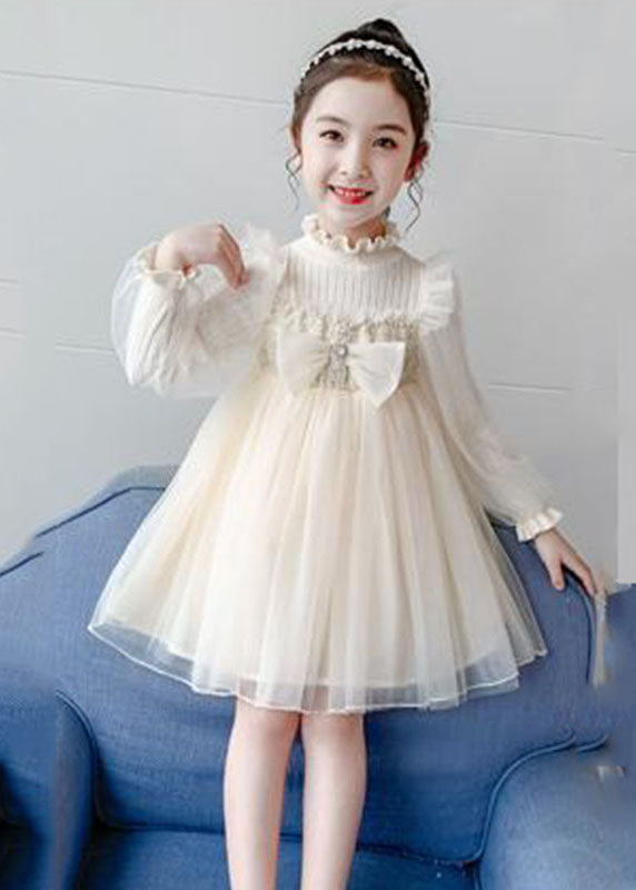 Apricot Nail bead Knit Patchwork Tulle Girls Long Dress Long Sleeve