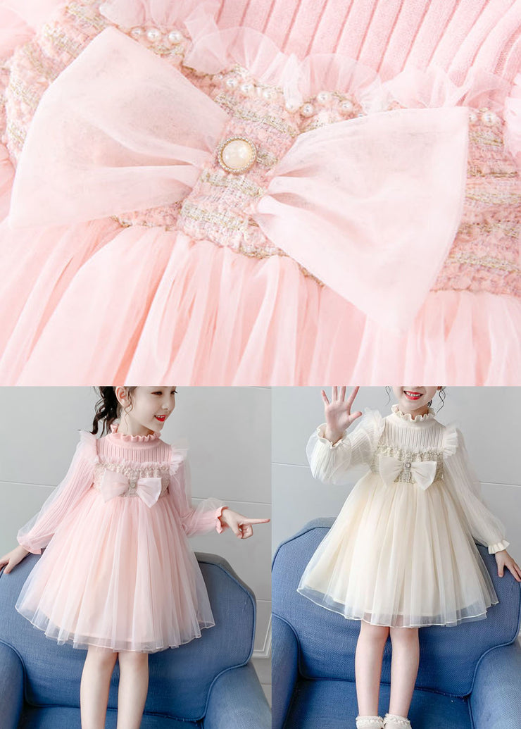 Apricot Nail bead Knit Patchwork Tulle Girls Long Dress Long Sleeve