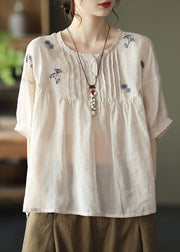 Apricot Patchwork Loose Linen Tops Ruffled Half Sleeve