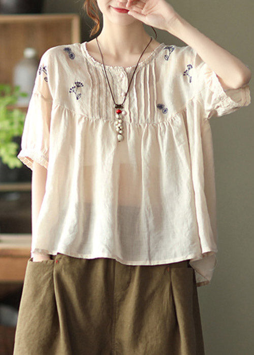 Apricot Patchwork Loose Linen Tops Ruffled Half Sleeve