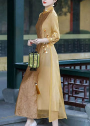 Apricot Patchwork Silk Dress Embroidered Stand Collar Spring