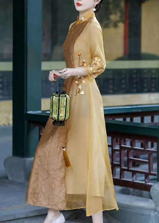 Apricot Patchwork Silk Dress Embroidered Stand Collar Spring