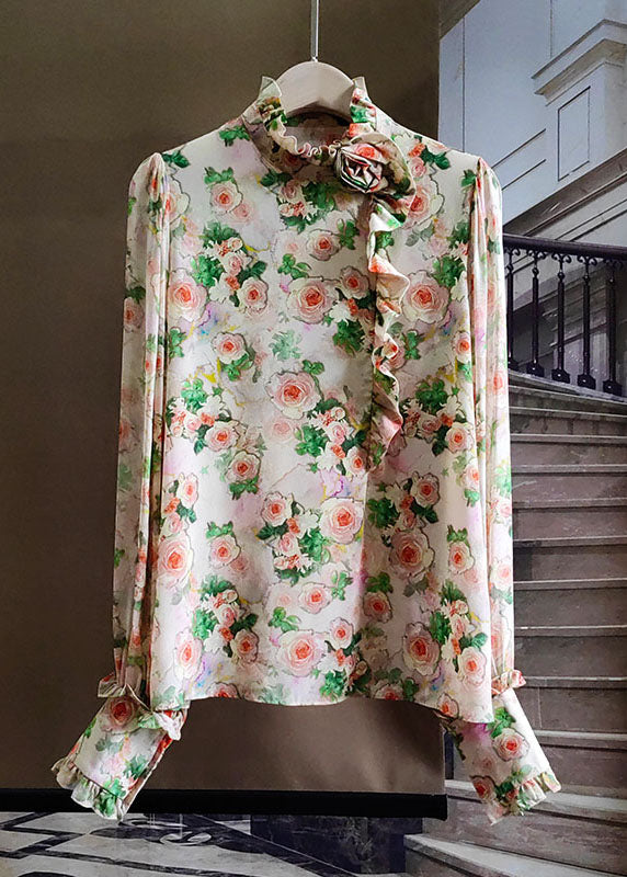 Apricot Patchwork Silk Top Ruffled Long Sleeve
