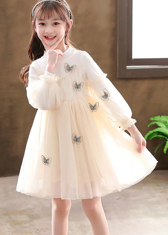 Apricot Patchwork Tulle Kids Girls Dresses Wrinkled Butterfly Fall