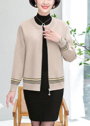 Apricot Patchwork Woolen Jackets O-Neck Embroidered Long Sleeve
