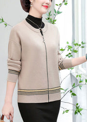 Apricot Patchwork Woolen Jackets O-Neck Embroidered Long Sleeve