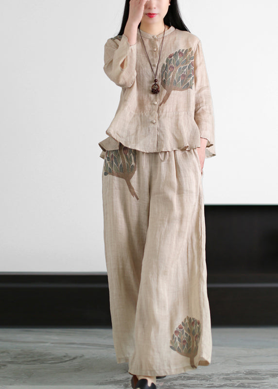 Apricot Leinentops mit Taschen und Hosen mit weitem Bein, zweiteiliges Set Damen Kleidung Rüschen ausgestellte Ärmel
