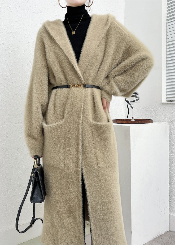 Apricot Pockets Mink Hair Knitted Loose Cardigan Hooded Fall