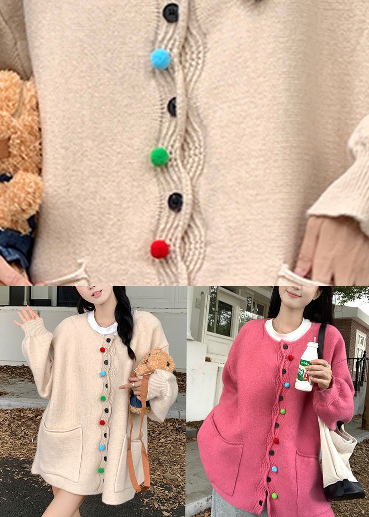 Apricot Pockets Patchwork Cotton Knit Sweaters Coat Long Sleeve