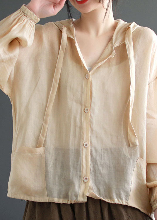 Apricot Pockets Patchwork Linen Thin Coat Hooded Button Summer