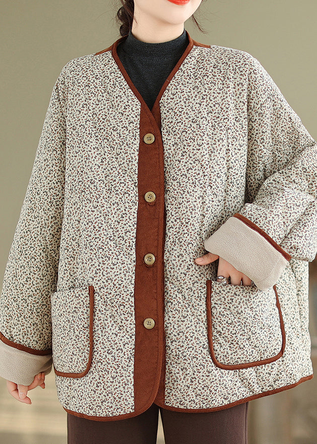 Apricot Pockets Print Warm Fleece Coat Outwear V Neck Winter
