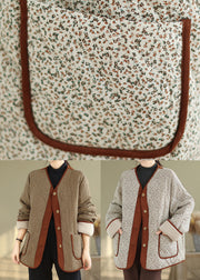 Apricot Pockets Print Warm Fleece Coat Outwear V Neck Winter