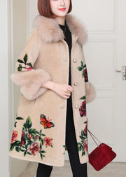Apricot Print Button Thick Winter Long sleeve Coat