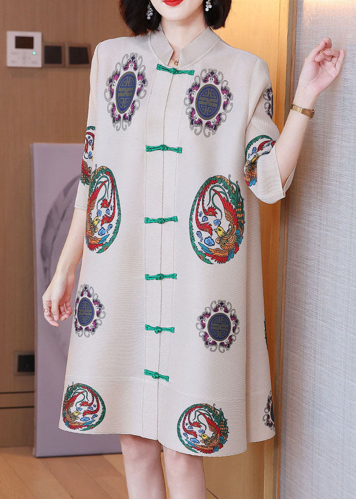 Aprikosendruck Chiffon Kleider in A-Linie mit orientalischen Knöpfen und halben Ärmeln