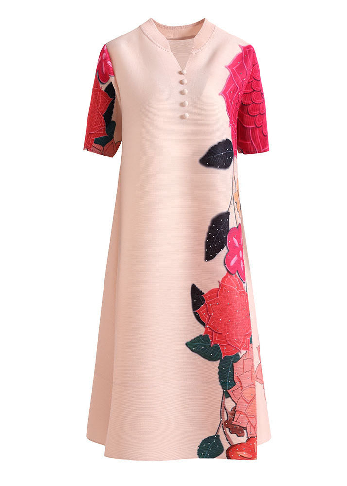 Apricot Print Silk A Line Dress Stand Collar Wrinkled Short Sleeve