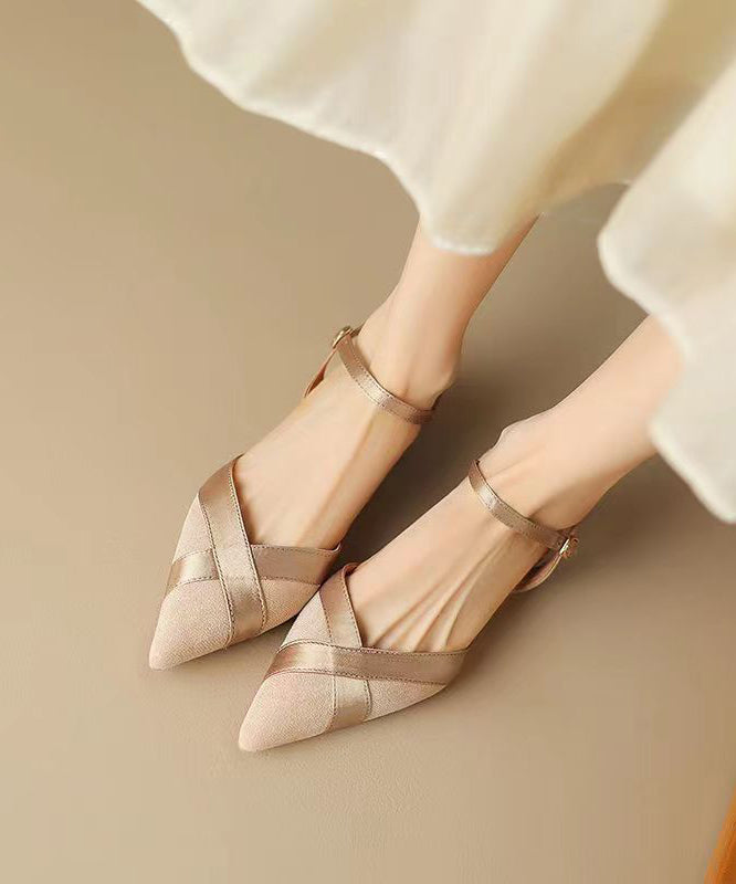 Apricot Sandals Suede Women Splicing Pointed Toe Buckle Strap