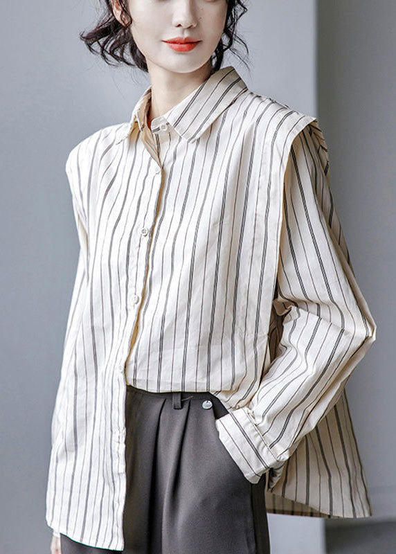 Apricot Striped Cotton Shirt Tops Turn-down Collar Button Long Sleeve
