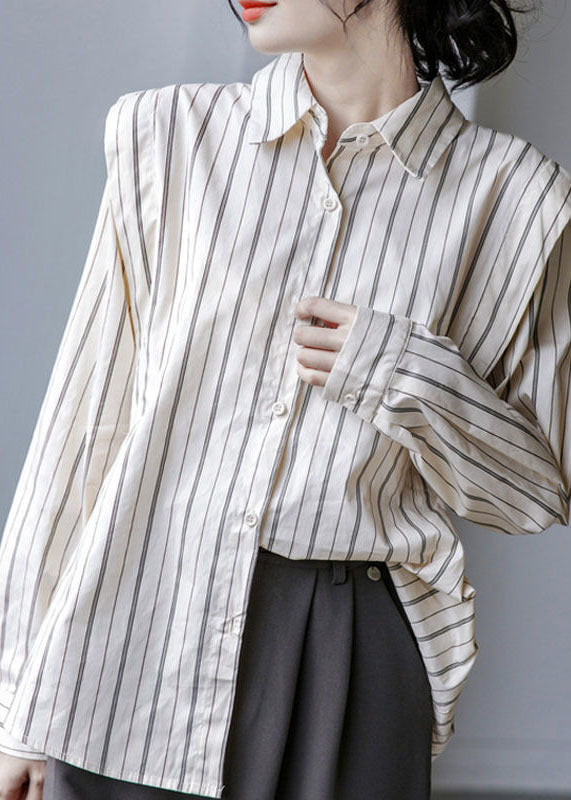 Apricot Striped Cotton Shirt Tops Turn-down Collar Button Long Sleeve
