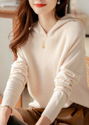 Apricot Woolen Hooded Pullover Sweatshirt Long Sleeve