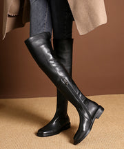 Apricot Zip Up Chic Splicing Cowhide Leather Knee Boots