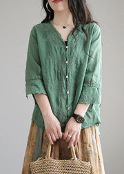 Aquagrünes Patchwork-Leinenhemd mit bestickten halben Ärmeln