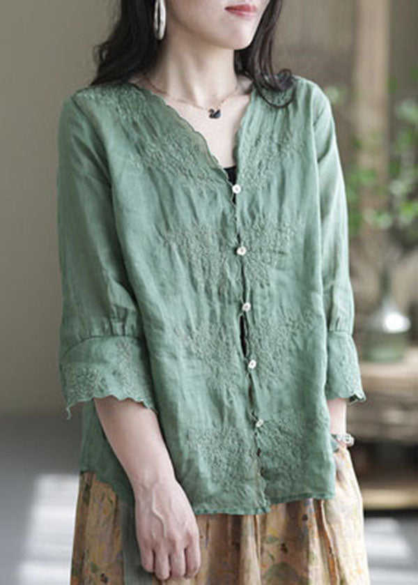 Aqua Green Patchwork Linen Shirt Embroidered Half Sleeve