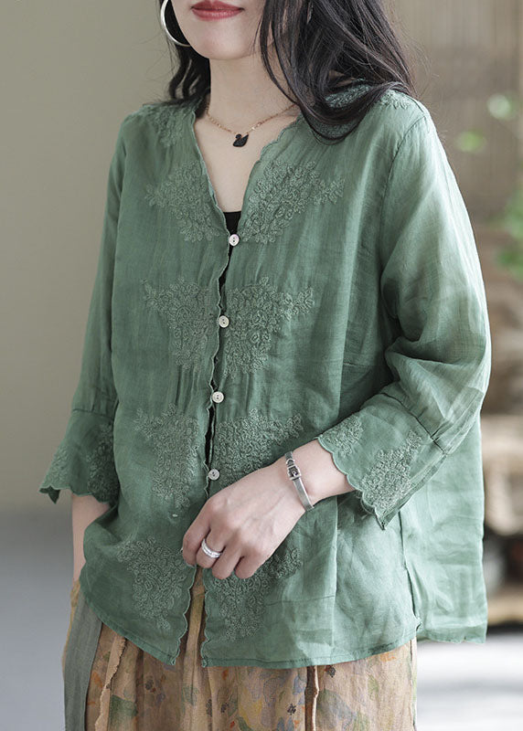 Aqua Green Patchwork Linen Shirt Embroidered Half Sleeve
