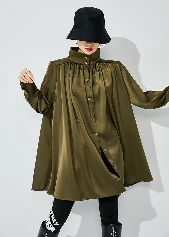 Army Green Draping Silk Shirt Top Oversized Wrinkled Spring