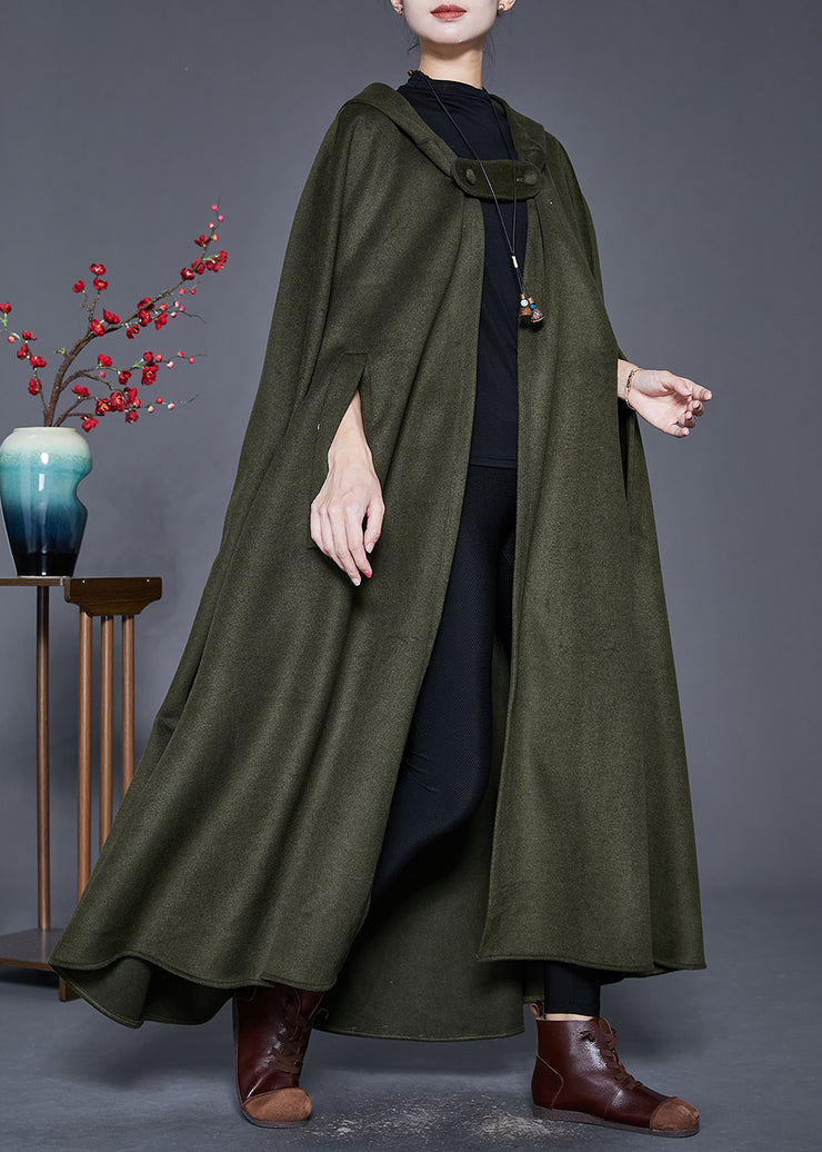 Army Green Loose Woolen Trench Coats Hooded Cloak Sleeves