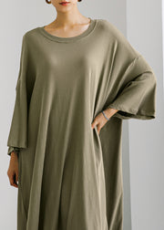 Army Green O-Neck Cotton Maxi Dress Long Sleeve
