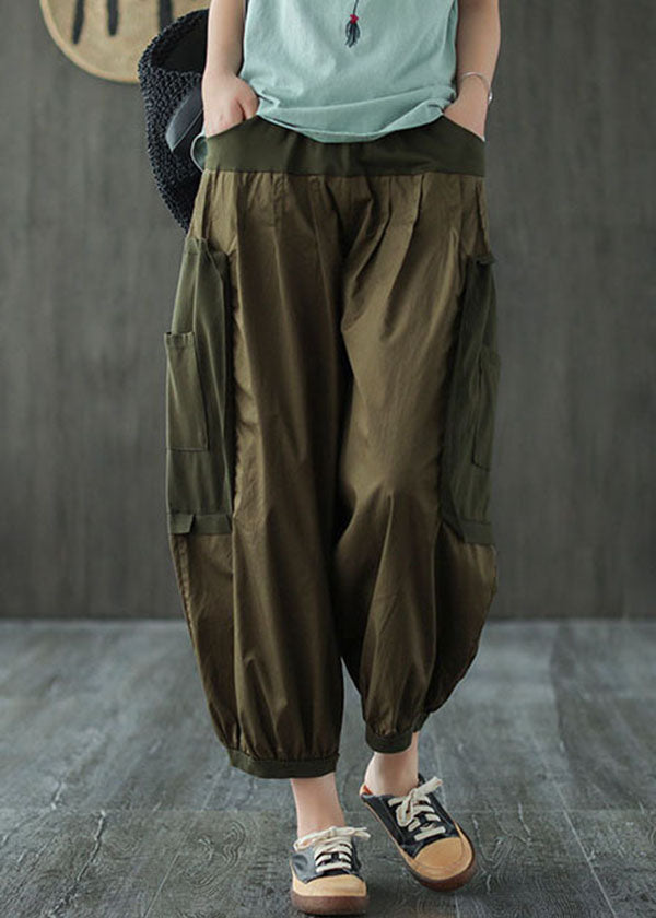 Army Green Patchwork Cotton Crop Pants Elastic Waist Pockets Summer