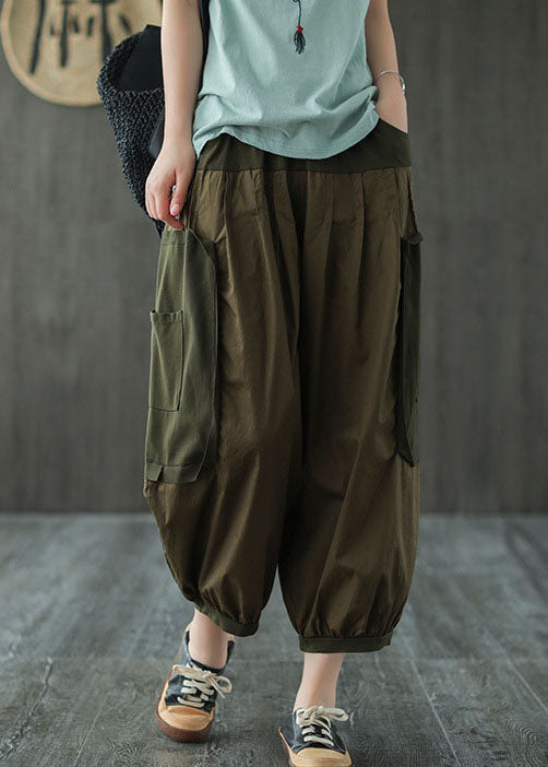 Army Green Patchwork Cotton Crop Pants Elastic Waist Pockets Summer