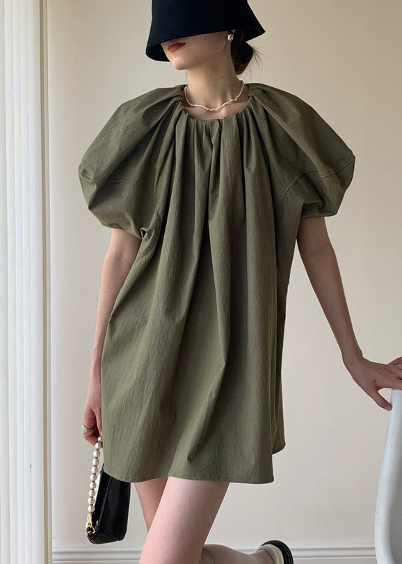 Army Green Patchwork Cotton Mid Dresses O Neck Puff Sleeve