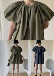Army Green Patchwork Cotton Mid Dresses O Neck Puff Sleeve