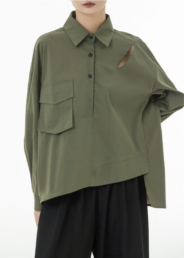 Army Green Patchwork Cotton Ripped Shirts Asymmetrical Spring