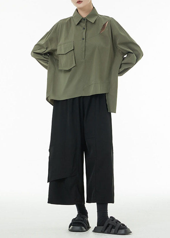 Army Green Patchwork Cotton Ripped Shirts Asymmetrical Spring