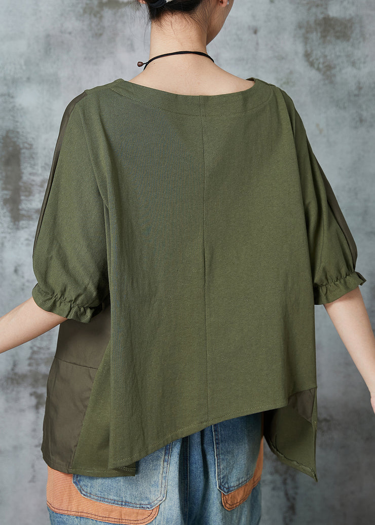 Army Green Patchwork Cotton Tops Asymmetrical Half Sleeve
