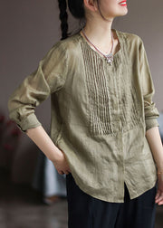 Army Green Patchwork Linen Shirt Top Wrinkled Long Sleeve