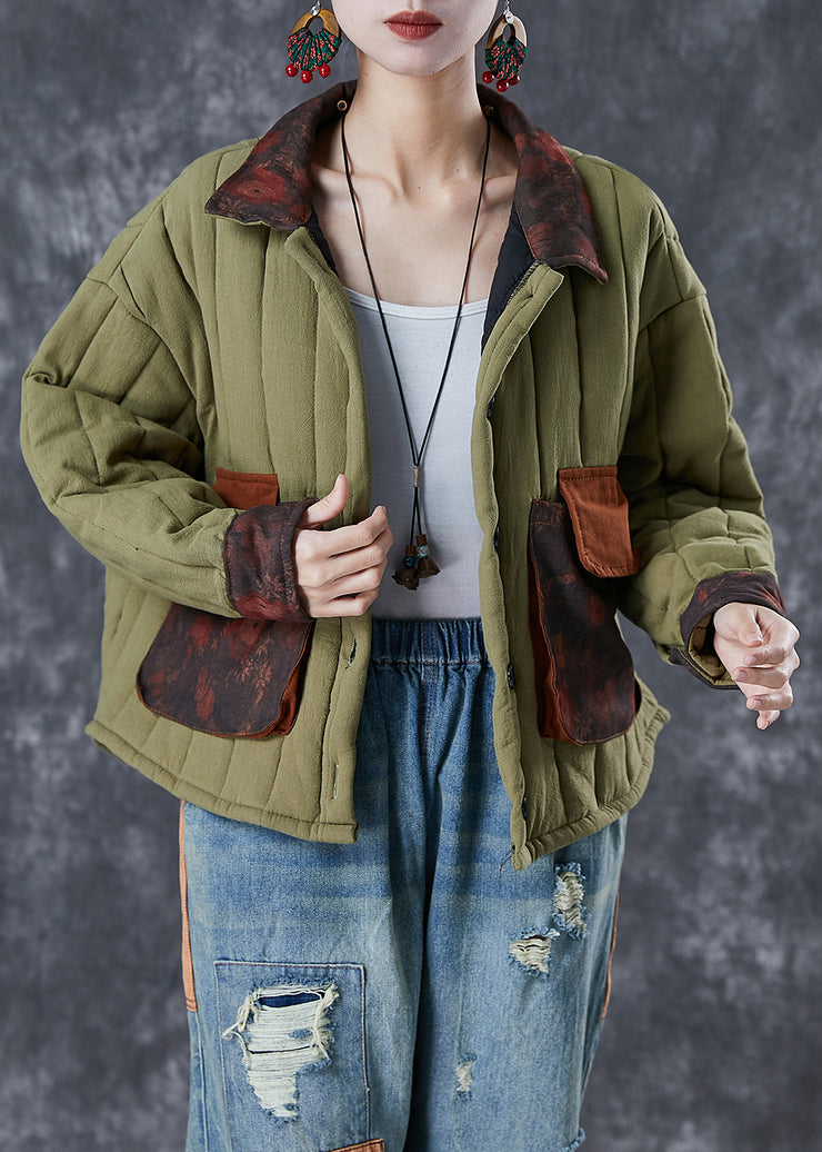 Army Green Patchwork Pockets Fine Cotton Filled Coat Oversized Winter