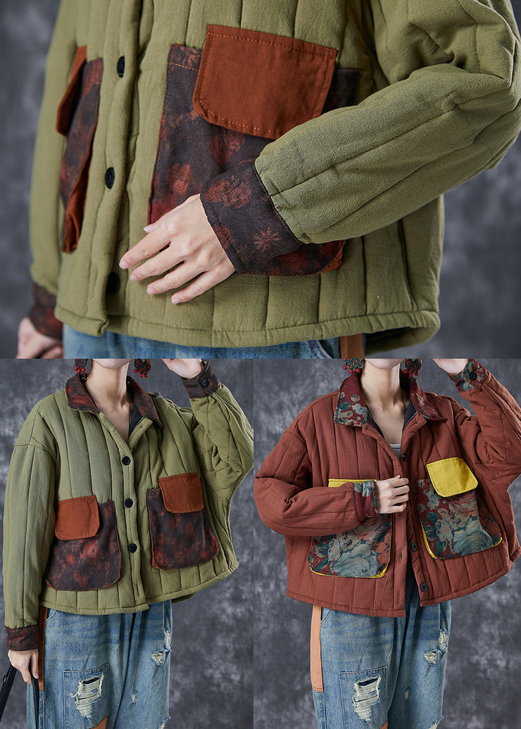 Army Green Patchwork Pockets Fine Cotton Filled Coat Oversized Winter