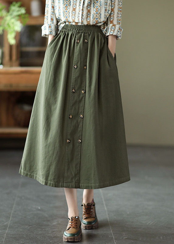 Army Green Pocket Patchwork Cotton A Line Skirt Spring